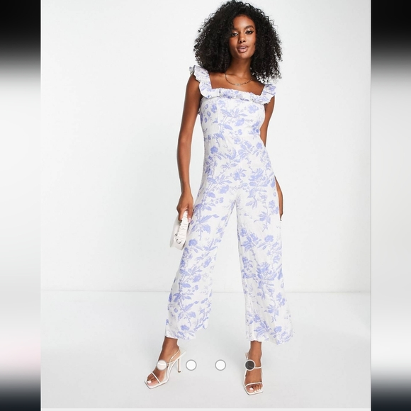 & Other stories floral white and blue 100% linen Jumpsuit size 6 - Picture 4 of 14